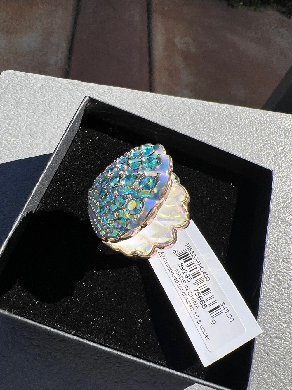 Betsey Johnson Shell & Pearl Ring with Blue-Green Crystals